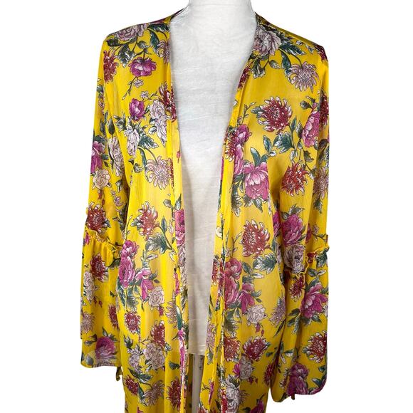 Band Of Gypsies Floral Kaftan Coverup Swim Kimono Yellow Pink Large Tie Closure - Picture 9 of 16